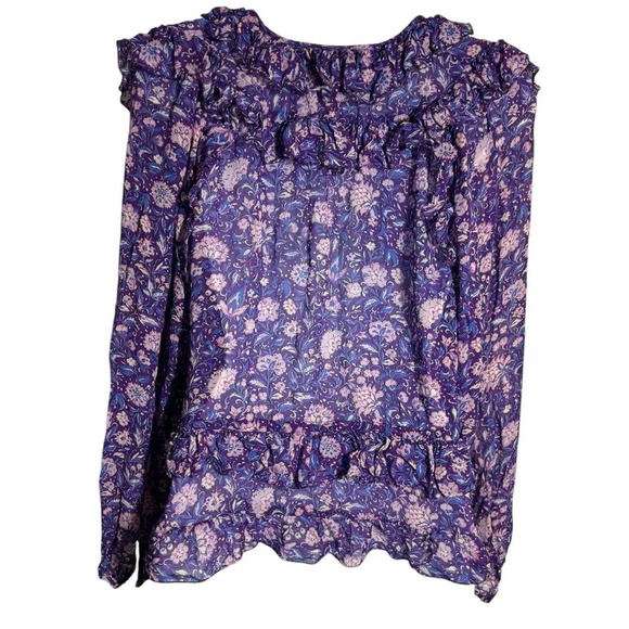 MAJE Purple Dahlia ruffle long sleeve top size 3 Large ties in front floral - Picture 4 of 10